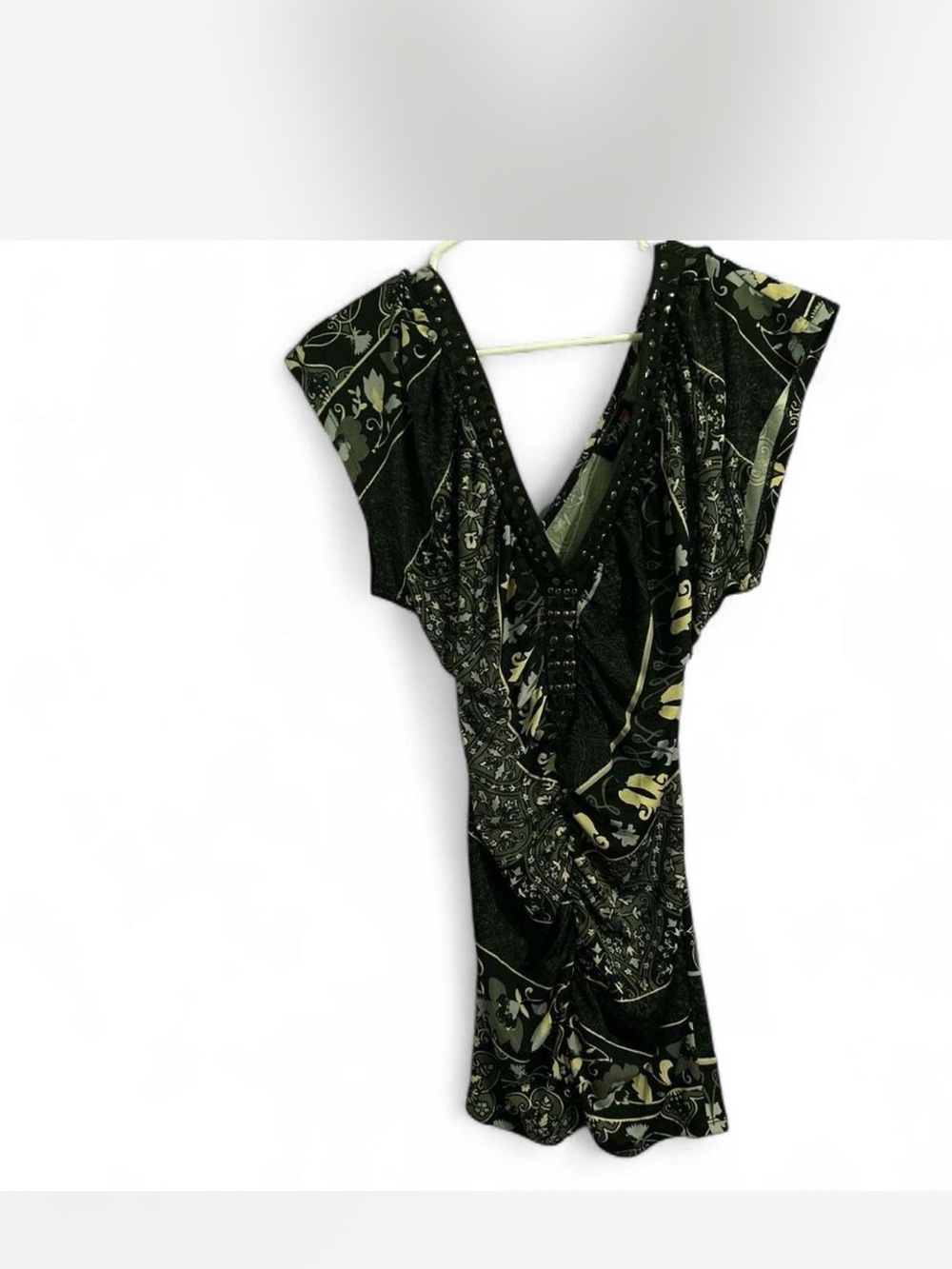 V-Neck Olive & Black Paisley Mini Dress